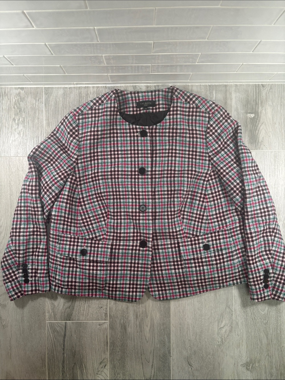 Talbots Woman 20W Wool Blend Plaid Houndstooth Collarless Jacket Pink Black